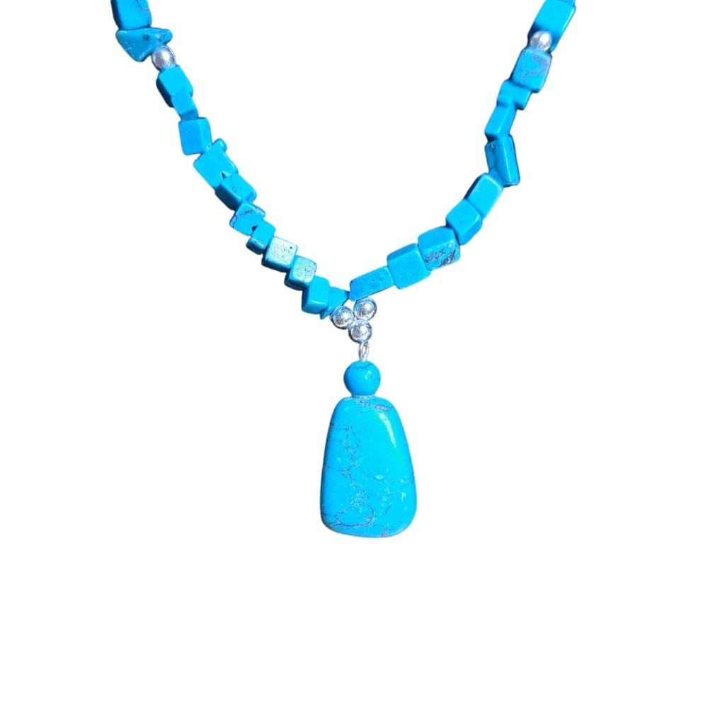 Handmade Women's Faux Blue Turquoise Silver Tone Necklace Size 9.5 Inches - Picture 5 of 10